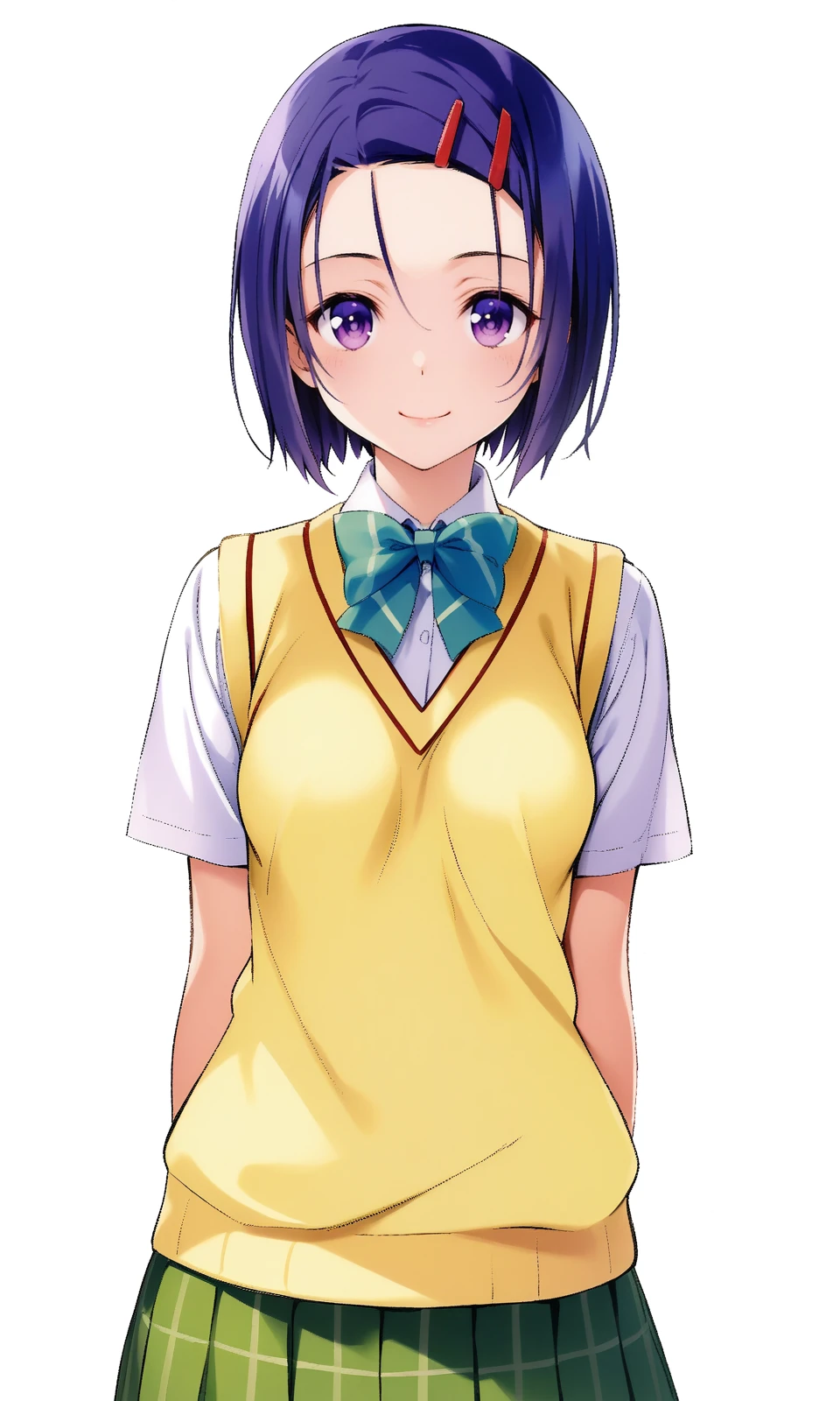 sairenji haruna, purple eyes, blue hair, short hair, hairclip, small breasts, school uniform, skirt, sweater vest, looking at viewer, light smile, upper body, 
yabukikentarou, masterpiece, best quality, very aesthetic, absurdres, straight-on, 
<lora:YabukiKentarou_XL:0.9>