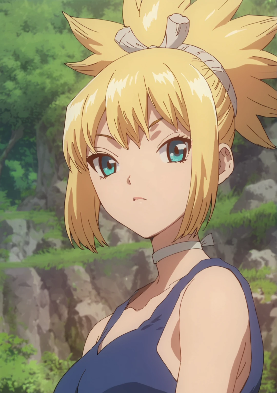 score_8_up, score_7_up, anime screenshot, looking at viewer, upper body, 
<lora:Kohaku (Autism Mix XL):0.8> 1girl, kohaku \(dr. stone\), blonde hair, ponytail, choker, green blue eyes, kohakudress, blue dress