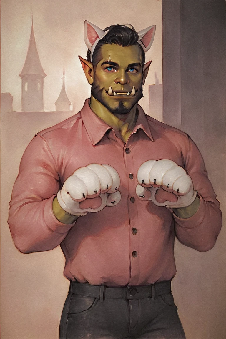 score_9, score_8_up, score_7_up, rating_safe, traditional media, realistic, orc, green skin, tusks, facial hair, beard, mustache, black hair, blue eyes, pink shirt, collared shirt, long sleeves, black pants, muscular, 1boy, solo, male focus, mature male, fake animal ears, animal ears, cat ears, white cat ears, paw gloves, white paw gloves, cat paws, paw pose, smile, looking at viewer, cowboy shot, standing, outdoors, city, building <lora:OIS Red Lion Style LoRA_Pony XL v6 ALT:0.7>