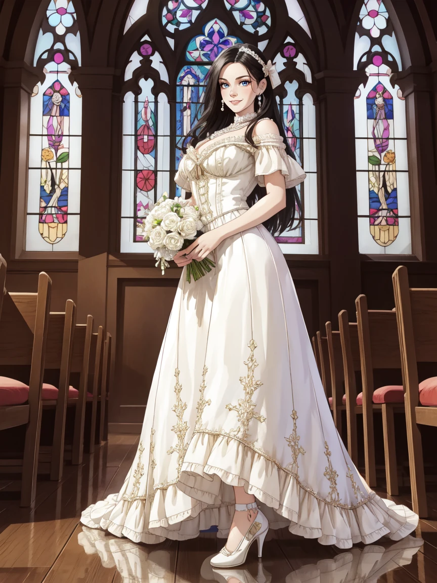 (black hair), adult female, smile, woman, HHUD, <lora:HUD3:0.7>, ((front view)), full body, holding bouquet, highres, 8k, eyeliner, eyeshadow, HUD_Wht_Gwn, off-shoulder, Edwardian era satin white dress, long dress, (puffy short sleeves), flower, fitted bodice, pearl necklace, white chest bow, lace appliques, high heels, <lora:HUD_Wht_Gwn:0.7>, church, stained glass window