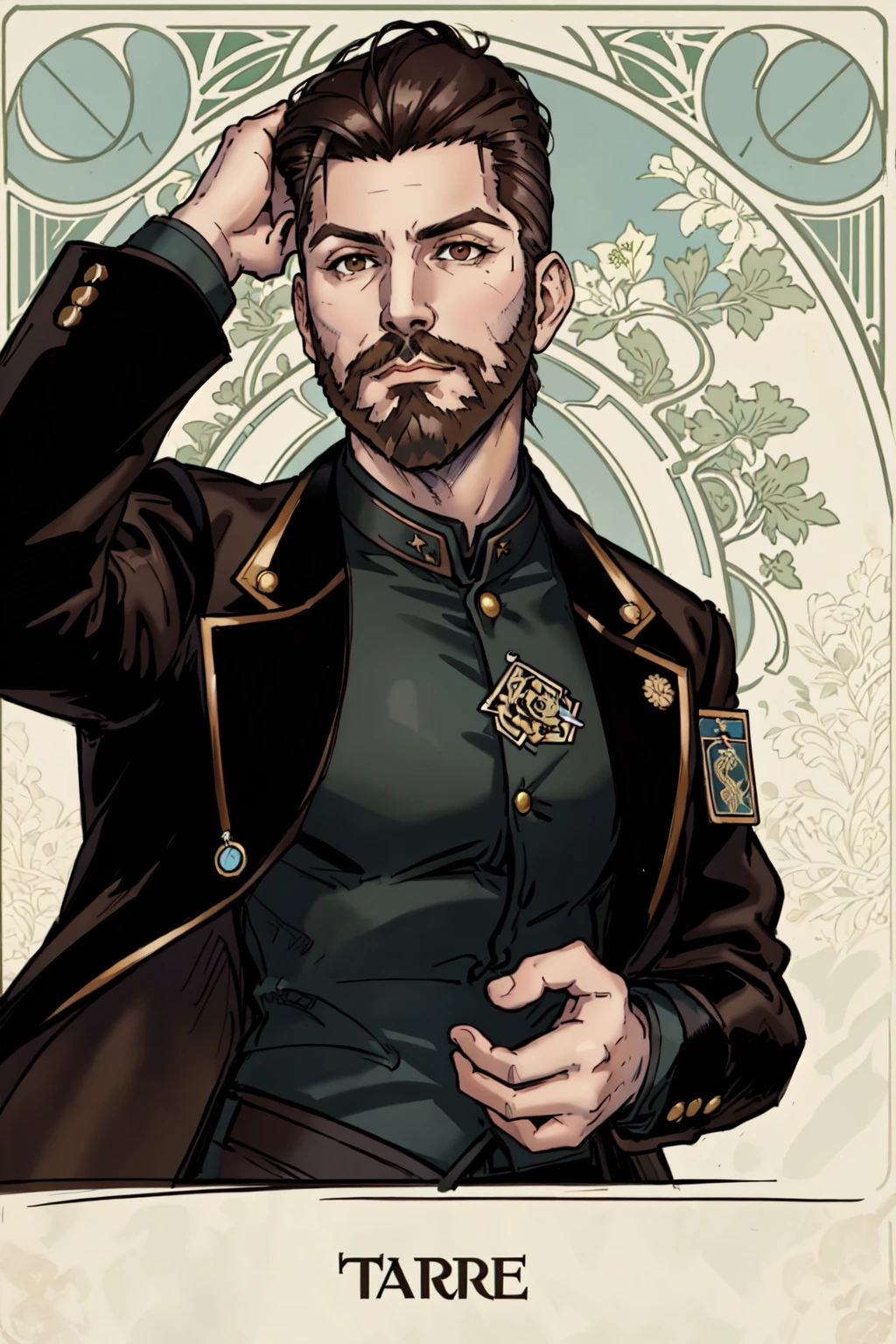 masterpiece, official art, 1boy, male focus, facial hair, solo, beard, tarot card style, shirt, black hair, jacket, hair slicked back, brown jacket, upper body, art nouveau