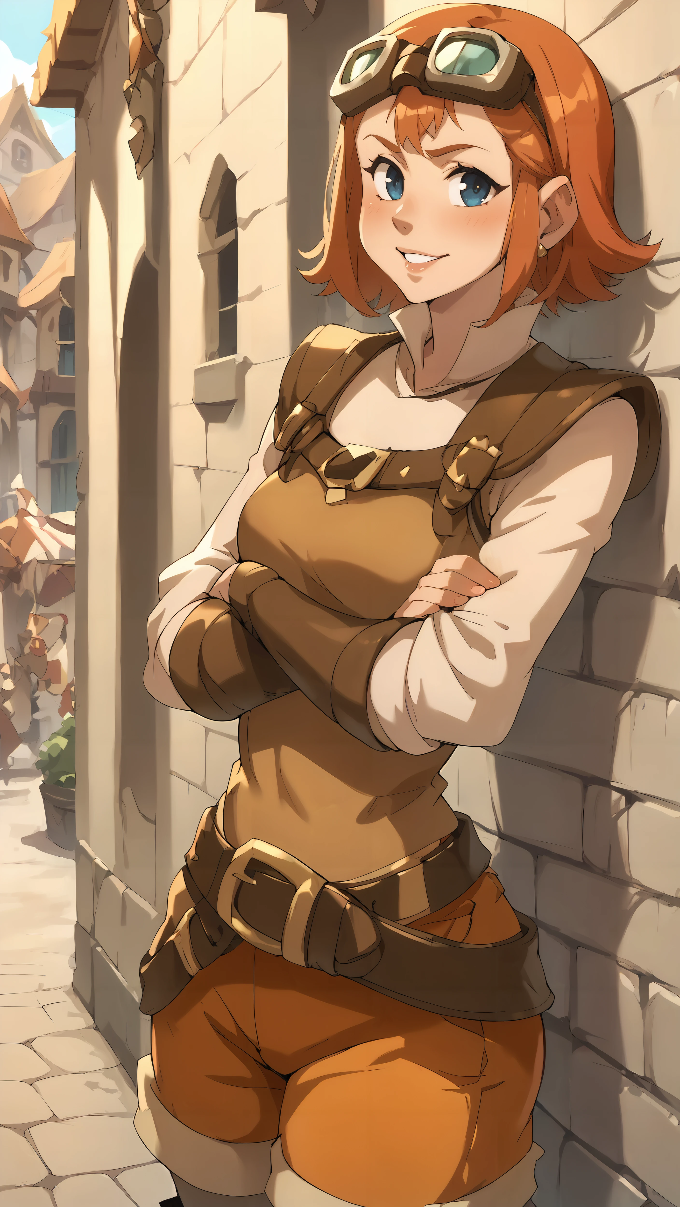 score_9,score_8_up,score_7_up,score_6_up, zPDXL, <lora:Myun-pony:0.8>, girl, short orange red hair, straight hair, goggles on head, dark blue eyes, orange shorts, brown leather outfit, leather boots, leather belt, leather breastplate, arm guards, <lora:Wakfu_CartoonV02:0.8>, fantasy village, medieval village, cobblestone streets, leaning against wall, crossed arms, happy, parted lips, smiling, market stall, solo, alone,