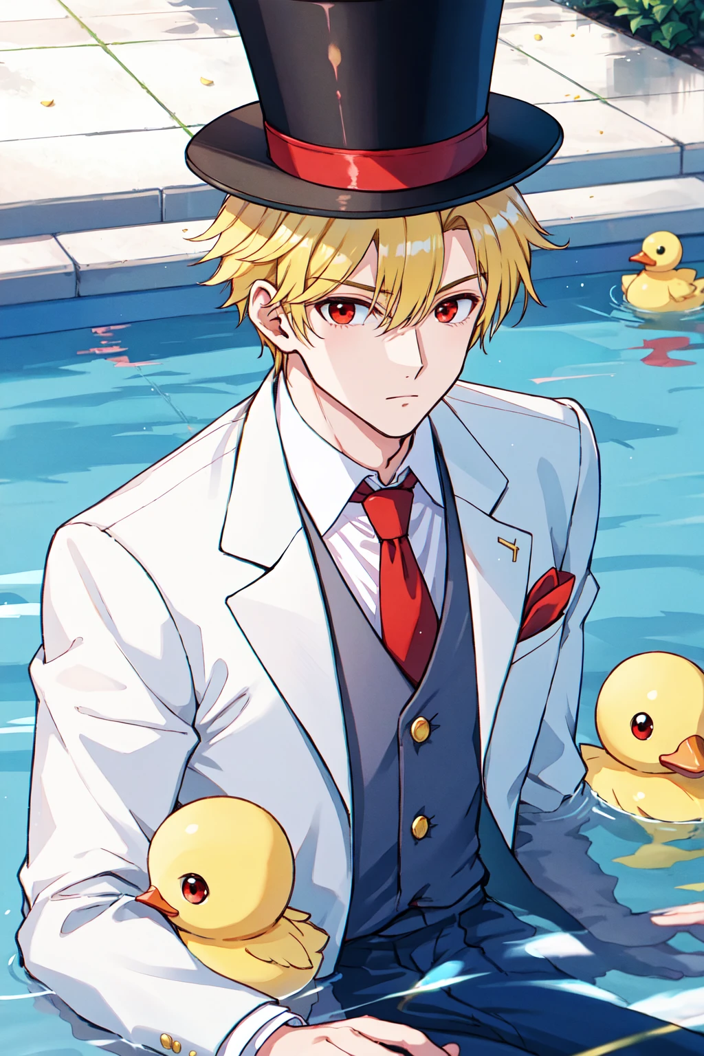 666 BREAK yellow rubber ducks in a wading pool, 1boy, male focus, white suit, white shirt, red tie, top hat, blonde hair, red eyes