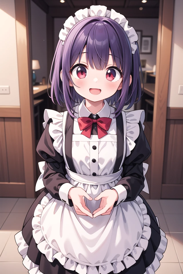 insanely detailed, absurdres, ultra-highres, ultra-detailed, best quality,
1girl, solo, nice hands, perfect hands
BREAK
(cleavage:-1.5),
(traditional maid:1.2),
apron, blush, bow, bowtie, frilled apron, frills, long sleeves, maid, maid apron, maid headdress, waist apron, white apron,
(maid costume, maid hair dress:1.3), long skirt
BREAK
happy smile, laugh, open mouth
BREAK
from above,
standing, cowboy shot, looking at viewer
BREAK
slender, kawaii, perfect symmetrical face, ultra cute girl, ultra cute face, ultra detailed eyes, ultra detailed hair, ultra cute, ultra beautiful
BREAK
fantasy world, in castle, indoors, antique interior, depth of field, ultra detailed background
BREAK
medium large breasts
BREAK
(purple hair, red eyes), medium hair, hime cut