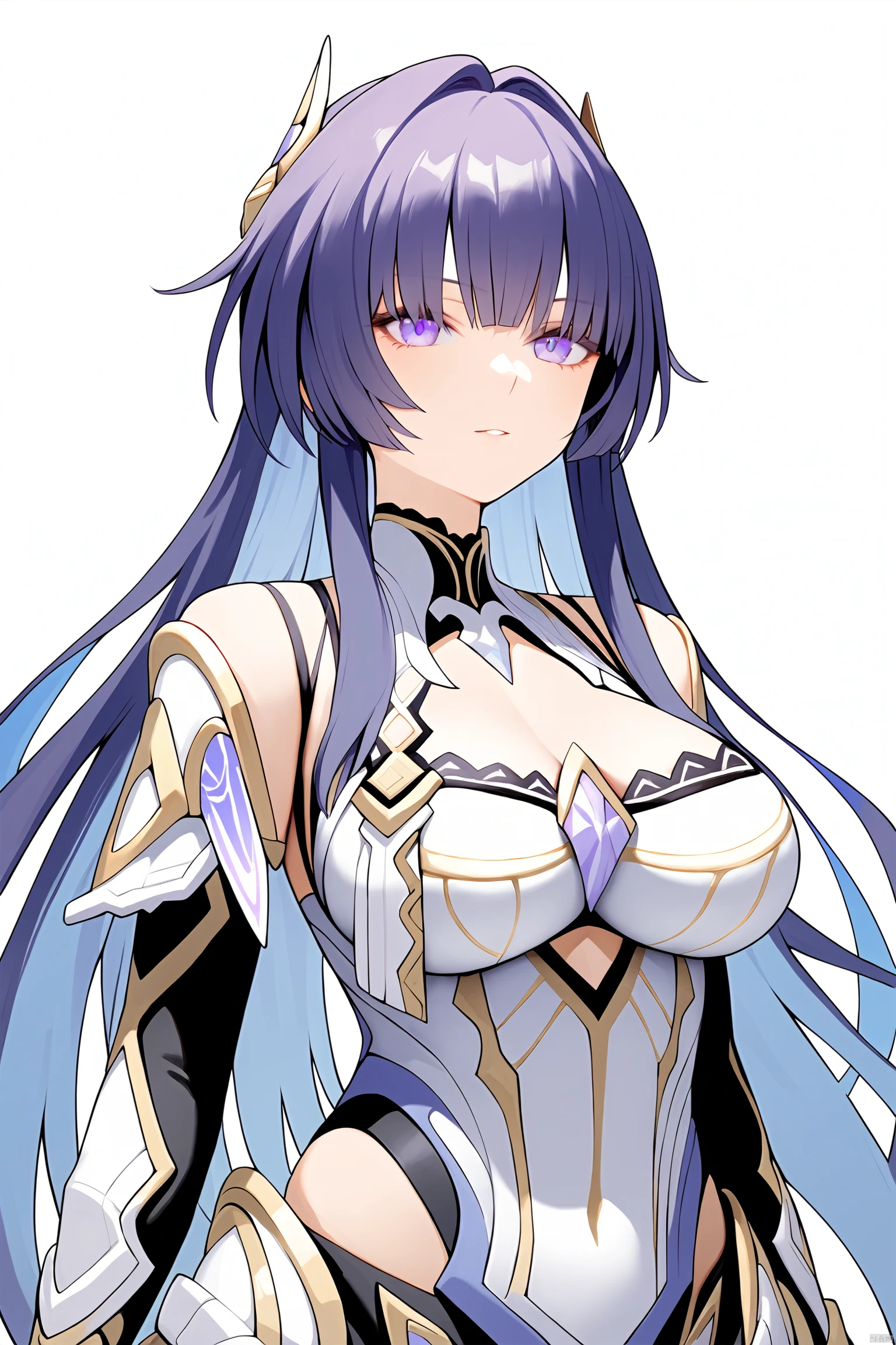 detailed,masterpiece,ultra-detailed,solo,(1girl),(Delicate eyes),(white background:1.3),breasts, purple_eyes, very_long_hair, bangs, raiden_mei, dress, bare_shoulders, hair_ornament, cleavage,deep_blue_hair, thighhighs, gloves, cleavage,ponytail,blue pupils,expressionless,Face close-up,(crown)