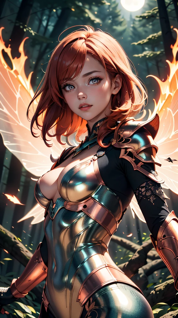 (best quality, masterpiece, colorful, highest detailed) upper body photo, fashion photography of cute (1 young cute fire fairy), french bob copper hair, silver eyes, in high detailed copper light armor, (reflective, intricated), big detailed fire wings, symmetrical wings, chromatic aberration, colorful, bright colors, (ultra-detailed body), (light smile:0.3), moonlight passing through hair, (enchanted forest background:1.3), (intricate details), (dynamic angle)