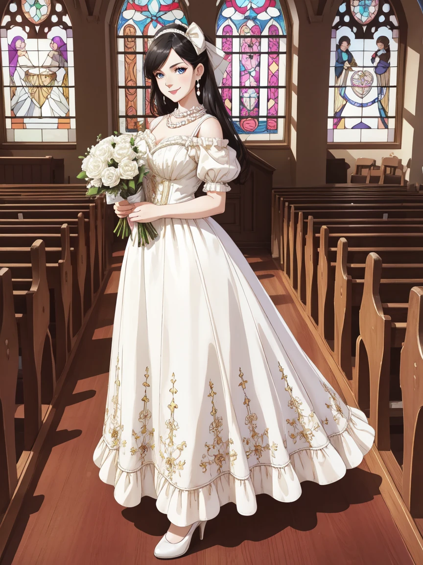 (black hair), adult female, smile, woman, HHUD, <lora:HUD3:0.7>, ((front view)), full body, holding bouquet, highres, 8k, eyeliner, eyeshadow, HUD_Wht_Gwn, off-shoulder, Edwardian era satin white dress, long dress, (puffy short sleeves), flower, fitted bodice, pearl necklace, white chest bow,  lace appliques, high heels, <lora:HUD_Wht_Gwn:0.7>, church, stained glass window