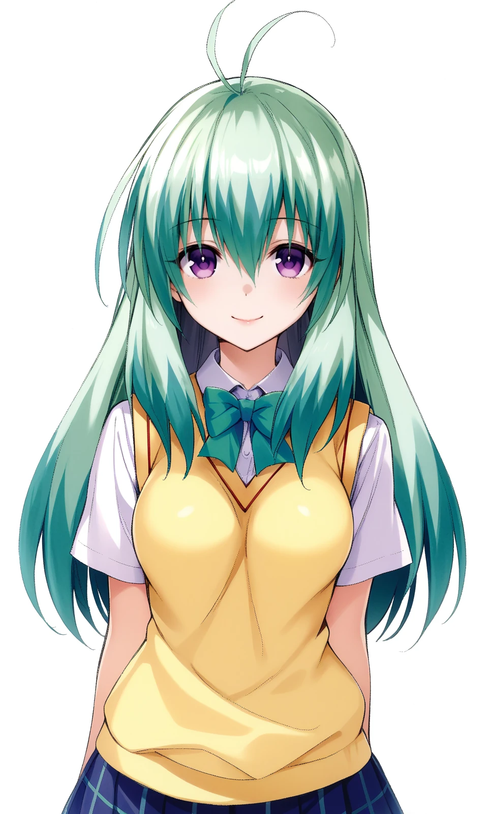 run elsie jewelria, purple eyes, green hair, long hair, medium breast, school uniform, skirt, sweater vest, looking at viewer, light smile, upper body, 
masterpiece, best quality, very aesthetic, absurdres, straight-on, 
<lora:YabukiKentarou_XL:0.9>