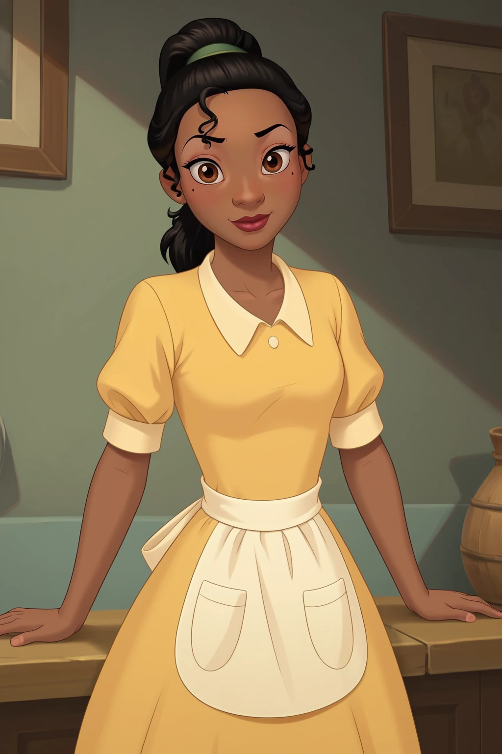 score_9, score_8_up, score_7_up, score_6_up, score_5_up, score_4_up, BREAK, 1girl, <lora:Tiana-000005:.7>, Tiana, Disney, dark skin, very dark skin, dark-skinned female, brown eyes, black hair, yellow shirt, yellow dress, white waist apron, ponytail