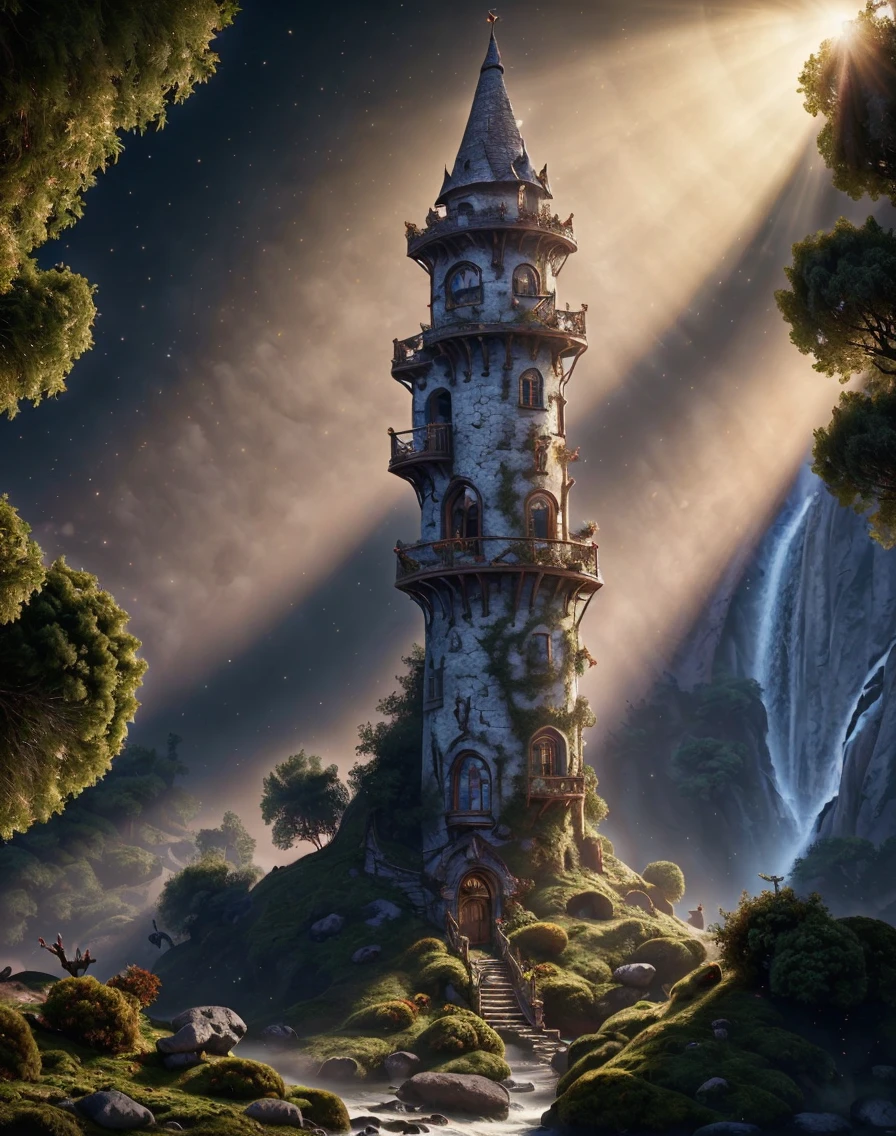 (masterpiece:1.2), (best quality,:1.2), 8k, HDR, ultra detailed, ((photorealistic)), professional light, cinematic lighting, fashion photography, ambient lighting, atmospheric effects,  <lora:detail_slider_v4:1>, witow, an elven wizard tower in the forest, next to a waterfall, sunlight, godrays,  <lora:Wizard_Tower:1>, epiCPhoto