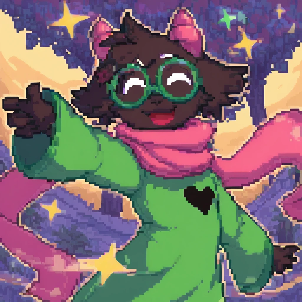 pixel-art score_9,score_8_up,score_7_up,score_6_up,score_5_up,score_4_up, solo anthro, RalseiBlack, upper body, boy, (white eyes), green robe, pink scarf, pink horns, Black fur, ((round glasses, Green glasses)), (happy, dancing),  <lora:Ralsei B-W-000016:1>, forest background <lora:pixelbuildings128-v2:0.85>, cartoony . low-res, blocky, pixel art style, 8-bit graphics