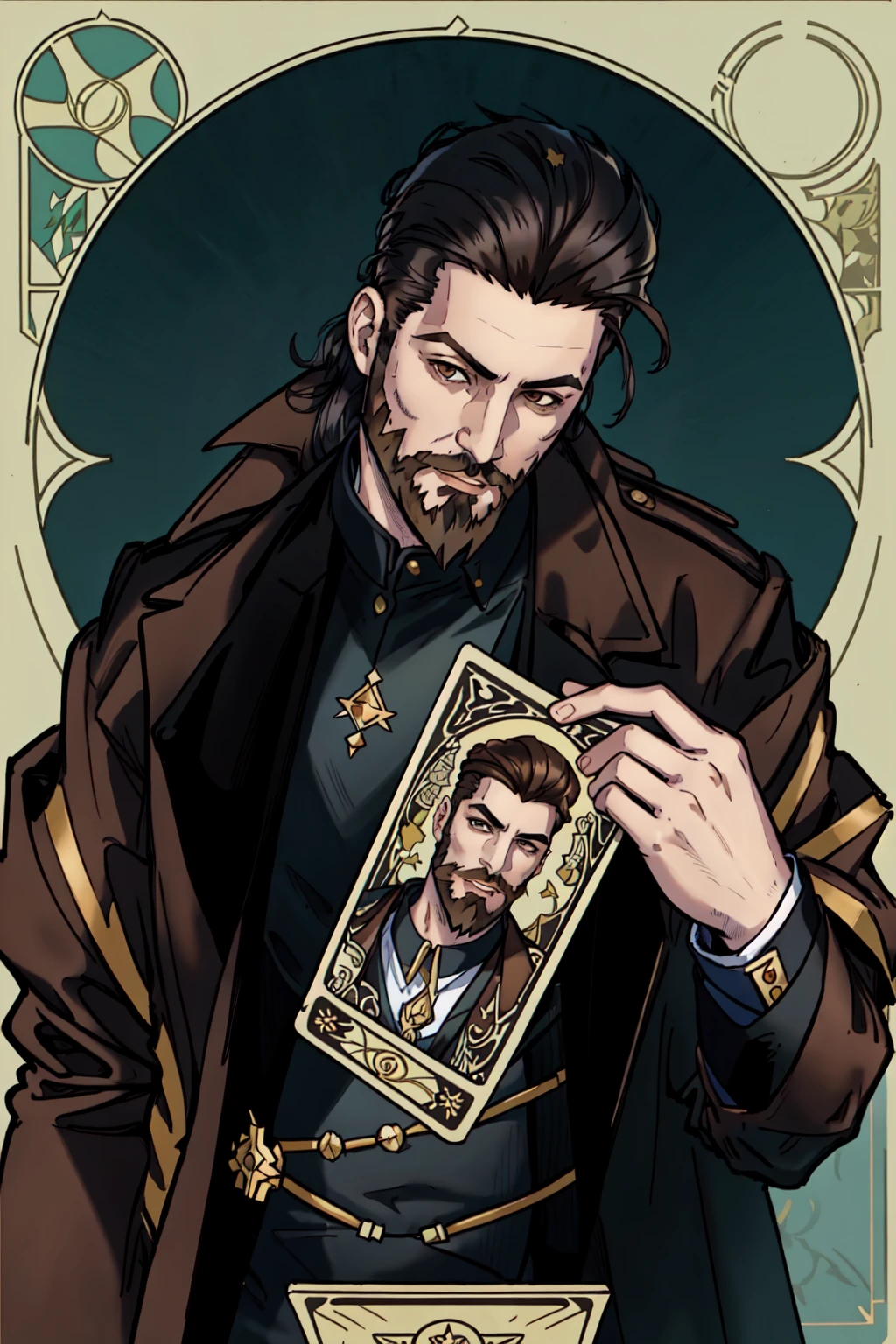 masterpiece, official art, 1boy, male focus, facial hair, solo, beard, tarot card style, shirt, black hair, jacket, hair slicked back, brown jacket, upper body, art nouveau