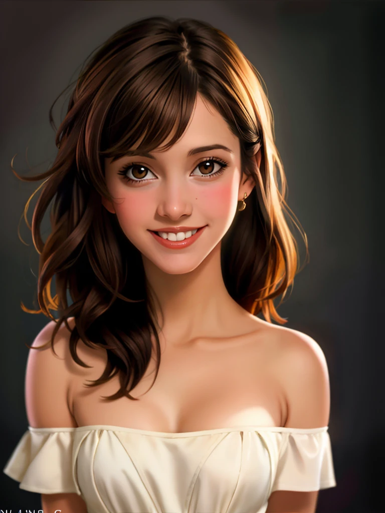A beautiful c4rr13f,1girl, solo, long hair, breasts, looking at viewer, smile, brown hair, black hair, cleavage, bare shoulders, brown eyes, upper body, teeth, mole, grin, strapless, traditional media, realistic
,soft lighting, professional Photography, Photorealistic, detailed, RAW, analog, sharp focus, 8k, HD, high quality, masterpiece<lora:c4rr13f:1.0>