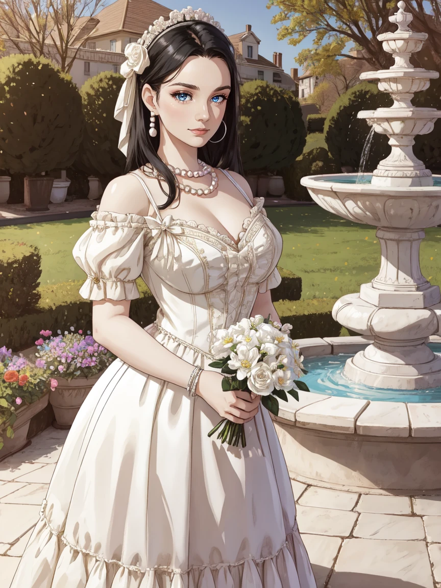 (black hair), adult female, woman, HHUD, <lora:HUD3:0.8>, front view, portrait, holding bouquet, highres, 8k, eyeliner, eyeshadow,HUD_Wht_Gwn, off-shoulder, Edwardian era satin white dress, long dress, puffy short sleeves, flower, fitted bodice, pearl necklace, chest bow, lace appliques. <lora:HUD_Wht_Gwn:0.7>, outdoor garden with fountain