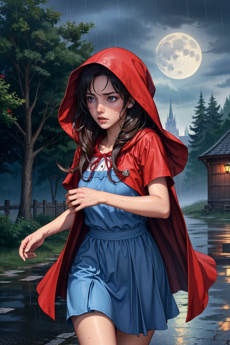 realistic, best quality, (masterpiece: 1.2)
(walt disney) photography of
red riding hood, running away from the bad wolf, moonlight, moody, rain
wet, sweaty, desperate expression.
Cute, adorable, brightly colored, cheerful, anime influence, highly detailed