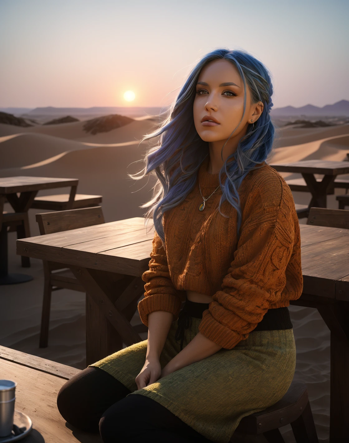 <lora:Ali$$AGl:1> ali$$@, At an outdoor bar, table has food and drinks, Martian landscape, sand, hills,  sun setting behind the horizon, giant planet in the sky, subdued colors, she is wearing a cropped sweater, knee-length skirt, knee height socks, and boots, detailed expressive eyes, bright mood lighting, (8k, RAW photo, best quality, depth of field, ultra high res:1.2), (intricate, photorealistic, masterpiece, ultra-detailed), dynamic lighting