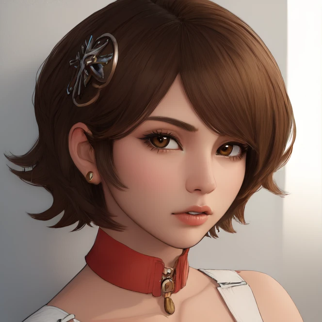 <lora:kisalaRogueGalaxy:0.8>, kisala, brown hair, short hair, brown hair, brown eyes, thin eyebrows, hair decorations, (silver decorations:1.1), jewelry, collarbone, yellow collar, extreme close-up, portrait, absurdres, [perfect shadows and lighting], detailed background, incredible high-key lighting, masterpiece, high quality, detailed, extremely detailed, ambient soft lighting, 4K