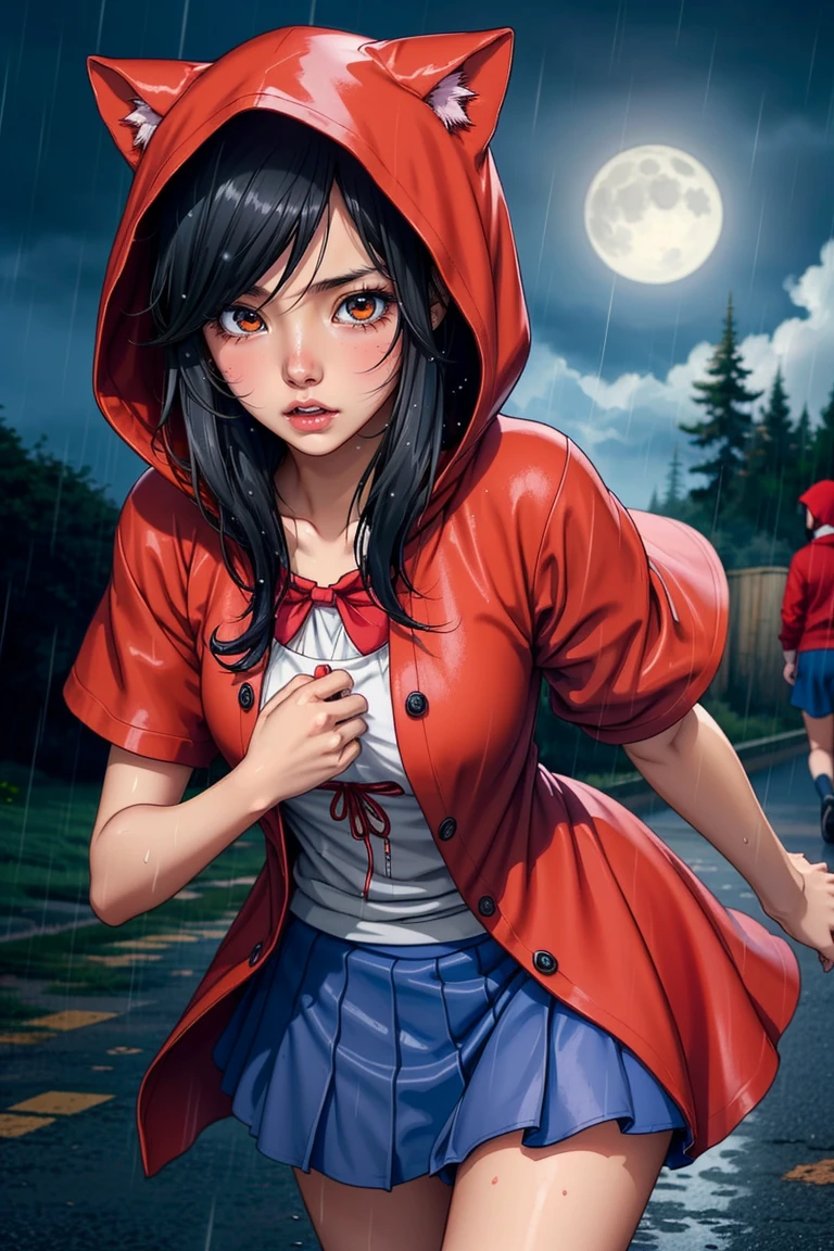 (kawaii style:1.5) photography of
red riding hood, running away from the bad wolf, moonlight, moody, rain
wet, sweaty, desperate expression.
Cute, adorable, brightly colored, cheerful, anime influence, highly detailed