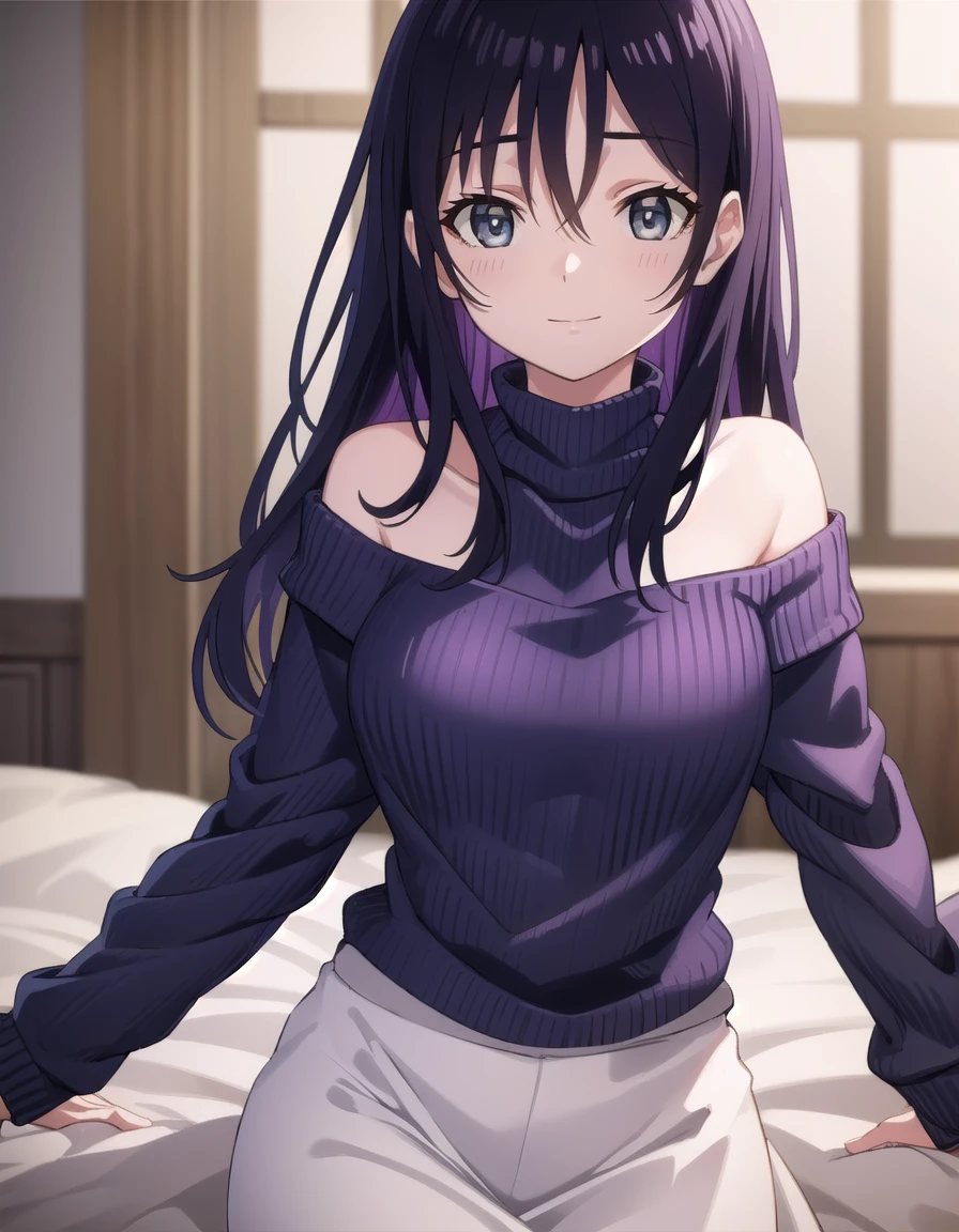 yurikotobiki, <lora:yuri kotobiki-lora-nochekaiser:1>,
yuri kotobiki, long hair, black hair, (grey eyes:1.3),
BREAK off shoulder, sweater, purple sweater, skirt, white skirt,
BREAK indoors, bed, bed room, smile,
BREAK looking at viewer, (cowboy shot:1.5),
BREAK <lyco:GoodHands-beta2:1>, (masterpiece:1.2), best quality, high resolution, unity 8k wallpaper, (illustration:0.8), (beautiful detailed eyes:1.6), extremely detailed face, perfect lighting, extremely detailed CG, (perfect hands, perfect anatomy),