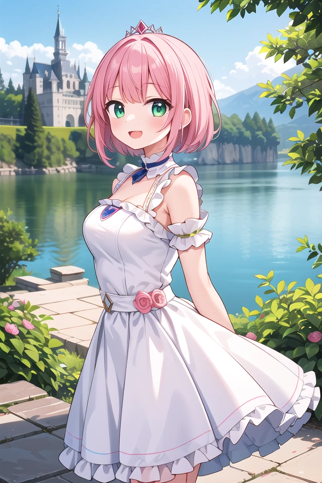 insanely detailed, absurdres, ultra-highres, ultra-detailed, best quality,
1girl, solo, nice hands, perfect hands,
BREAK
(wearing princess dress), teara,
happy smile, laugh, open mouth,
standing,
from side, cowboy shot, looking at viewer, (holding bar:-1.5), (hip:-1.5)
BREAK
slender, kawaii, perfect symmetrical face, ultra cute girl, ultra cute face, ultra detailed eyes, ultra detailed hair, ultra cute, ultra beautiful,
BREAK
fantasy world, (castle in background, lake:1.3), (very wide, panorama view, sense of depth, magnificent view:1.3)
BREAK
princess girl, pink hair, green eyes, medium breasts