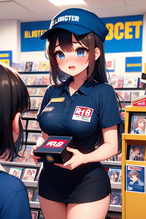 (((masterpiece, best quality, very aesthetic, absurdres))), (((2girls))), (((blockbuster))), (((red "R18" word logo))), ((clerk holding a video rental store goods)),blue cap, blue polo shirt, khaki pants, look at each other, indoor, counter, storefront, glass door, parted lips, guest in short dress, solo, 1girl, ribbon, sweat, shy, blush, open mouth, moist skin, pretty face, big tits, slim figure, <lora:girllikeblockbuster:1>