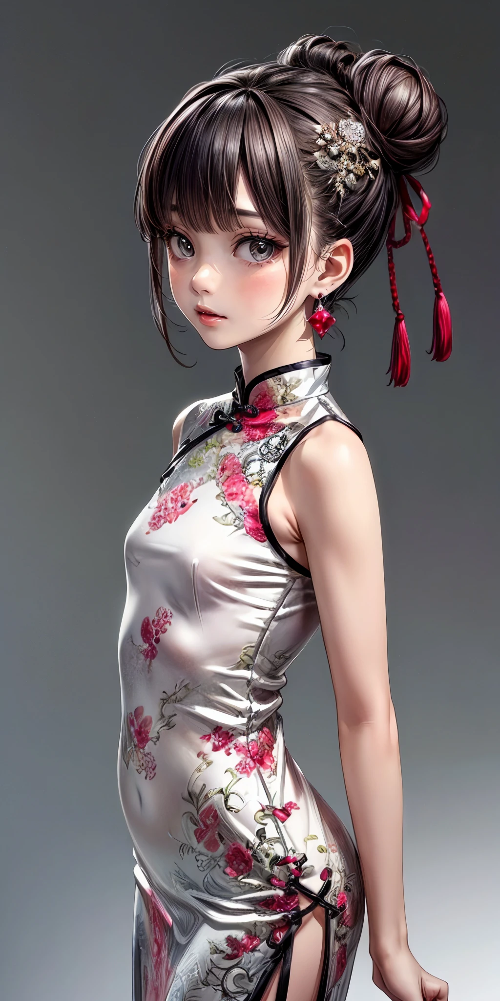(masterpiece,ultra-detailed,best quality,8K,illustration:1.0),(ite girl:1.2) <lora:more_details:1>,simple background,
<lora:n china dress v1.0:0.5> jyojifuku, china dress, jewelry, earrings, hair bun