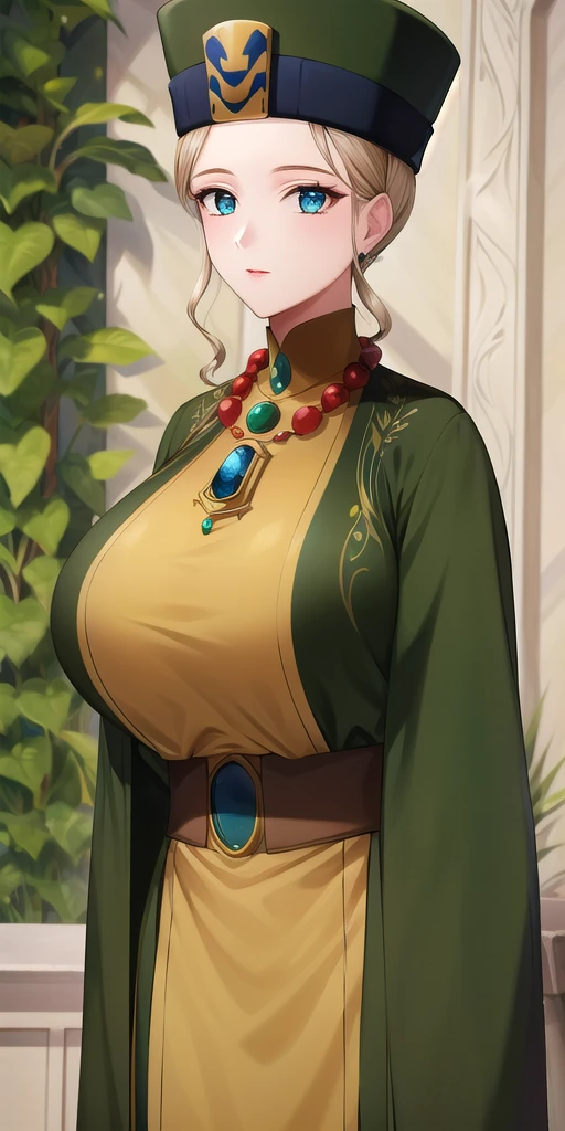 <lora:Rune_VenusV7:0.7> Rune_Venus, huge_breasts, standing, solo, Yellow_turtleneck_robe_Green_sleeveless_coat_Green_hat_Neck_jewel_Bead_necklace_pendant_Wide_sleeves, masterpiece, best_quality, detailed_face, detailed_eyes, highres, beautiful, detailed, absurdres,