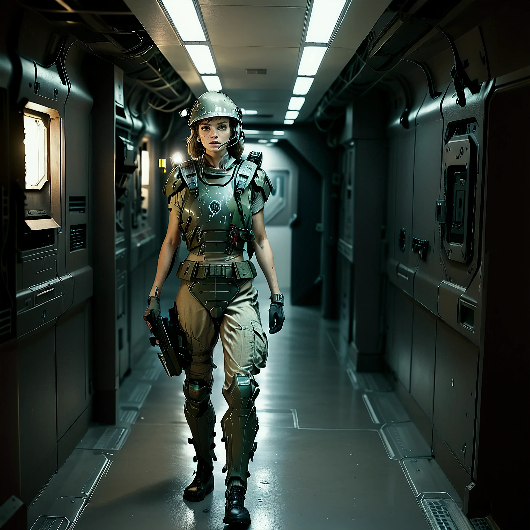 a female soldier standing in a starship corridor, dark, horror_(theme), uniform, armor, helmet, flashlight, pistol, uscmc