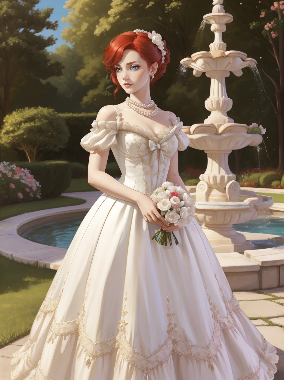 red hair, adult female, front view, portrait, holding bouquet, highres, 8k, eyeliner, eyeshadow,HUD_Wht_Gwn, off-shoulder, Edwardian era satin white dress, long dress, puffy short sleeves, flower, fitted bodice, pearl necklace, chest bow,  lace appliques. <lora:HUD_Wht_Gwn:0.7>, outdoor garden with fountain