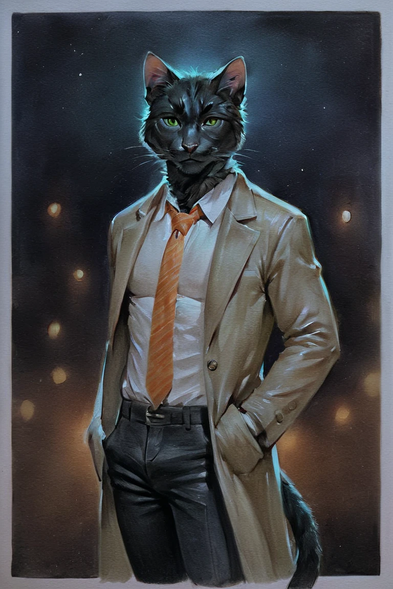 score_9, score_8_up, score_7_up, rating_safe, source_furry, traditional media, realistic, anthro, furry, black cat, cat, black fur, green eyes, white collared shirt, long sleeves, striped necktie, orange necktie, beige coat, black pants, muscular, 1boy, solo, male focus, mature male, looking at viewer, cowboy shot, standing, outdoors, city, building, night, night sky, dark background <lora:Ð¡osmic Void Style LoRA_Pony XL v6 ALT:0.7>