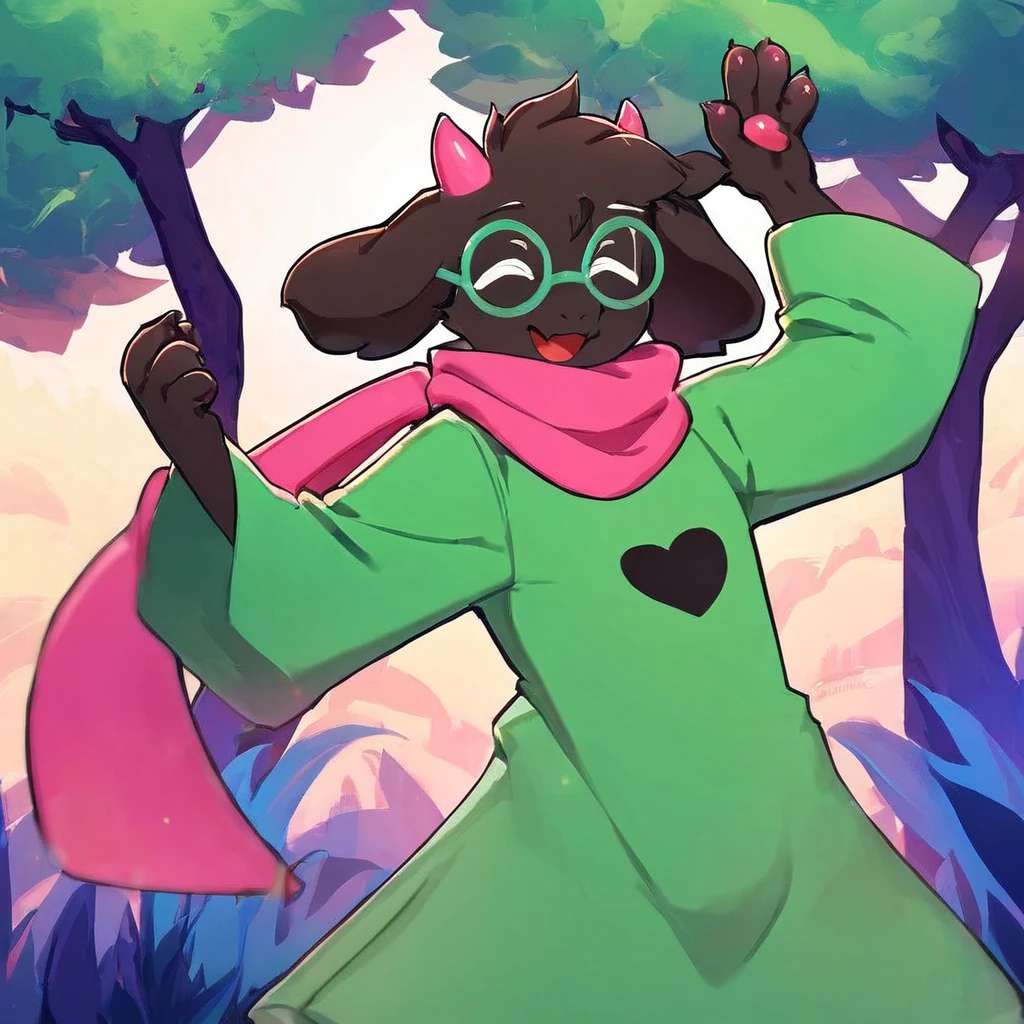 Dreamscape score_9,score_8_up,score_7_up,score_6_up,score_5_up,score_4_up, solo anthro, goat, RalseiBlack, upper body, boy, (white eyes), green robe, pink scarf, pink horns, Black fur, ((round glasses, Green glasses)), (happy, dancing),  <lora:Ralsei B-W-000016:1>, forest background . Surreal, ethereal, dreamy, mysterious, fantasy, highly detailed