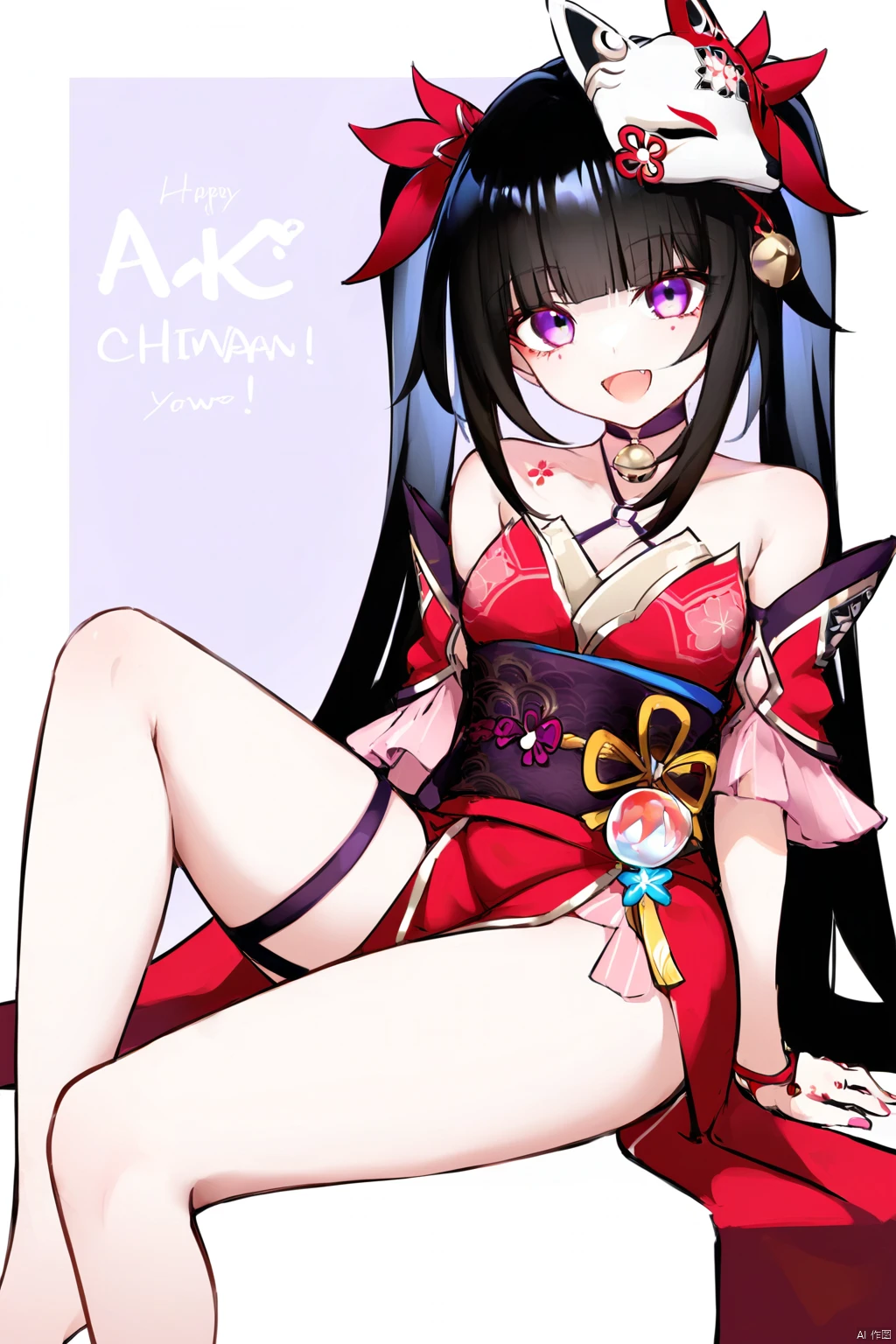 nai3, 1girl, solo, ahoge, virtual youtuber, , flower, looking at viewer, sitting, open mouth, smile,bangs,between legs, :d, hand between legs, purple background, fang, feet out of frame,haoche
\\\\\\\\\\\\\\
huahuo, 1girl, single_glove, mask on head, sash, black hair, twintails, purple eyes, obi, (fox mask:1.1), single glove, japanese clothes, (Cherry blossom tattoo, chest tattoo:1.1)<lora:EMS-310672-EMS:0.800000>