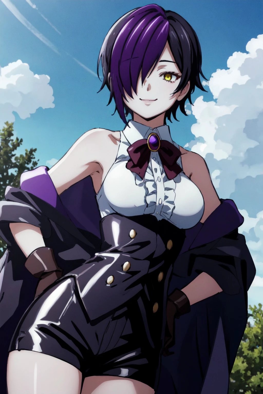 official style,nihilo, 1girl, solo, hair over one eye, yellow eyes, short hair, black hair, white collared shirt, purple hair, looking at viewer, bare shoulders, sleeveless, wine bowtie, standing, black short shorts, tree, off shoulder, sky, closed mouth,smile,red eyelashes, center frills, streaked hair, (black gloves), outdoors, day, black open coat, medium breasts, cloud, red brooch, blurry, cowboy shot, one eye covered, underbust, blue sky, cloudy sky black corset,silver buttons,grey buttons,hands on own hips,nature,dutch angle, (8k, best quality, masterpiece)  <lora:nihilo_v1:1>