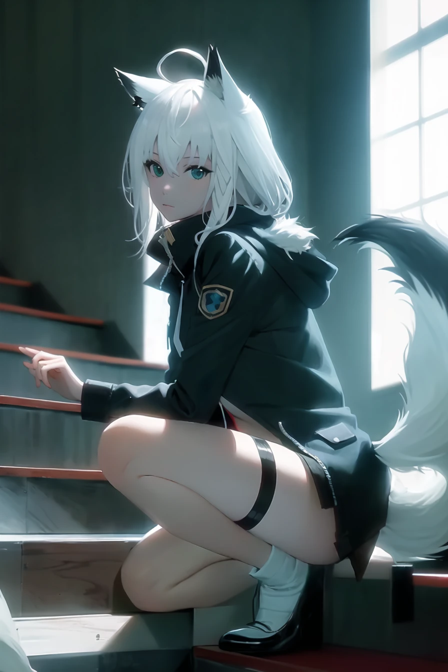 (masterpiece),best quality,from_side,Dark environment,sitting,Stand on one foot,Stand against the wall,One knee up,Lift one foot,Put foot against the opposite wall,1girl,shirakami fubuki,virtual youtuber,animal ears,fox ears,fox girl,white hair,fox tail,jacket,thigh strap,long hair,ahoge,bangs,braid,fur trim,green eyes,hair between eyes,stairs,sidelocks,looking at viewer,