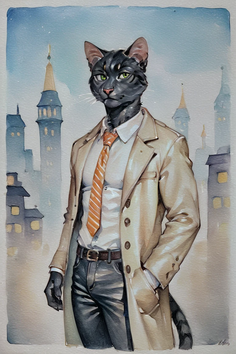 score_9, score_8_up, score_7_up, rating_safe, source_furry, traditional media, realistic, anthro, furry, black cat, cat, black fur, green eyes, white collared shirt, long sleeves, striped necktie, orange necktie, beige coat, black pants, muscular, 1boy, solo, male focus, mature male, looking at viewer, cowboy shot, standing, outdoors, city, building, night, night sky, dark background <lora:Blue Water Style LoRA_Pony XL v6 ALT:0.7>