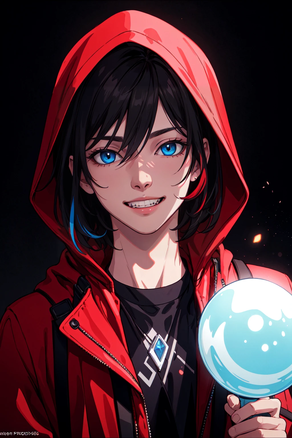 solo, brown hair, black hair, 1boy, jacket, male focus, red robes, hood down, staff, magic, four point perspective, masterpiece, official art, LimitBreakStyler NeonLighting PA7_Portrait-CU PoltergeistLooks