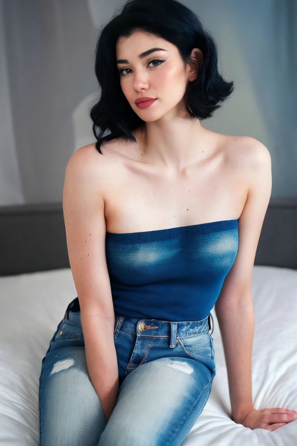 <lora:Jinx_Asmr_Lora:0.85>, photo of jinxasmr, full-length portrait, black hair, posing, best quality, sitting, on bed, jeans, oversized sweater, bare shoulders, collarbone, intricate realistic photo, Century Camera Co. Studio, 160mm f/8, 1/10s, ISO 25, ((tintype)), (analog, film, film grain:1.3), ((detailed eyes)), (colorful), epiCRealism, epiCPhoto