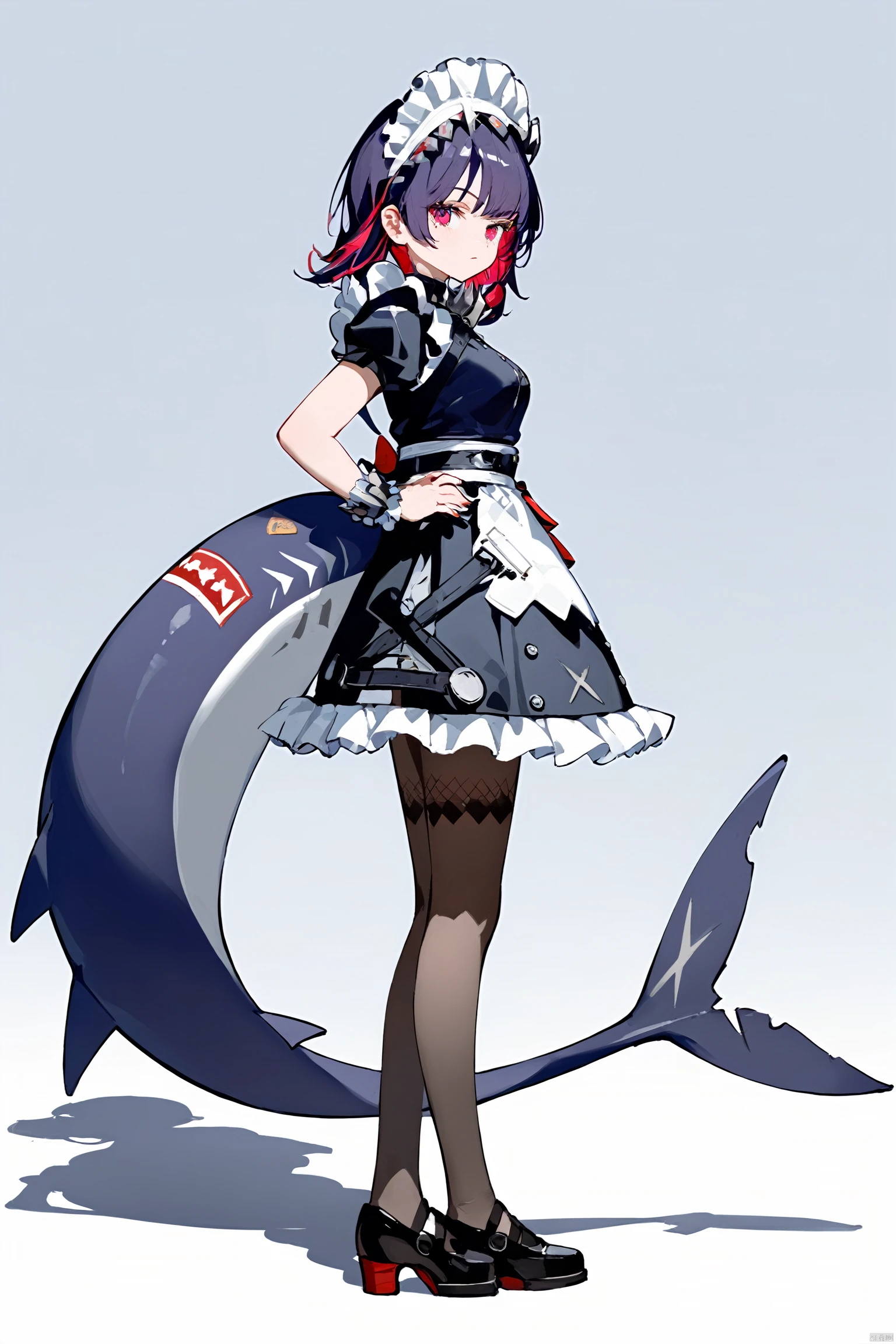 score_9,score_8_up,score_7_up,best quality,masterpiece,source_anime,8k,best quality,masterpiece,(ultra-detailed),(high detailed skin),symmetrical,(full body),white background,standing,looking back,(solo),hand on hip,
Ellen Joe, maid, shark tail, (shark girl:0.5), 1girl, red eyes, tail, pantyhose, multicolored hair, black footwear, short sleeves, apron, wrist cuffs, maidheaddress,
,(white background, simple background),(beautiful_face),((intricate_detail)),clear face,((finely_detailed)),fine_fabric_emphasis,full_shot, hquan,purple eyes, yyy<lora:EMS-329131-EMS:0.800000>