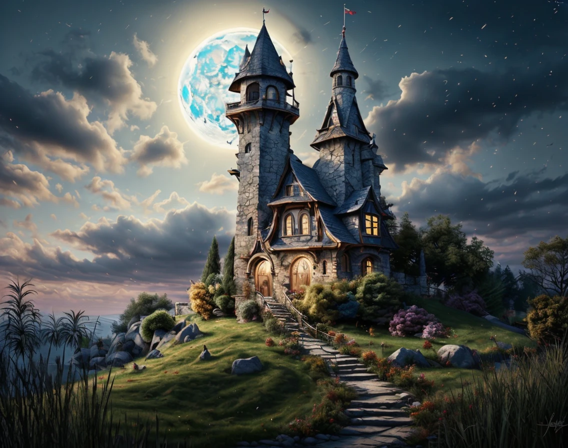 (masterpiece:1.2), (best quality,:1.2), 8k, HDR, ultra detailed, ((photorealistic)), professional light, cinematic lighting, fashion photography, ambient lighting, atmospheric effects,  <lora:detail_slider_v4:1>, witow, blue sky, blurry, cloud, flag, grass, house, moon, no humans, scenery, sky, stairs, tower, tree, <lora:Wizard_Tower:1>, epiCPhoto