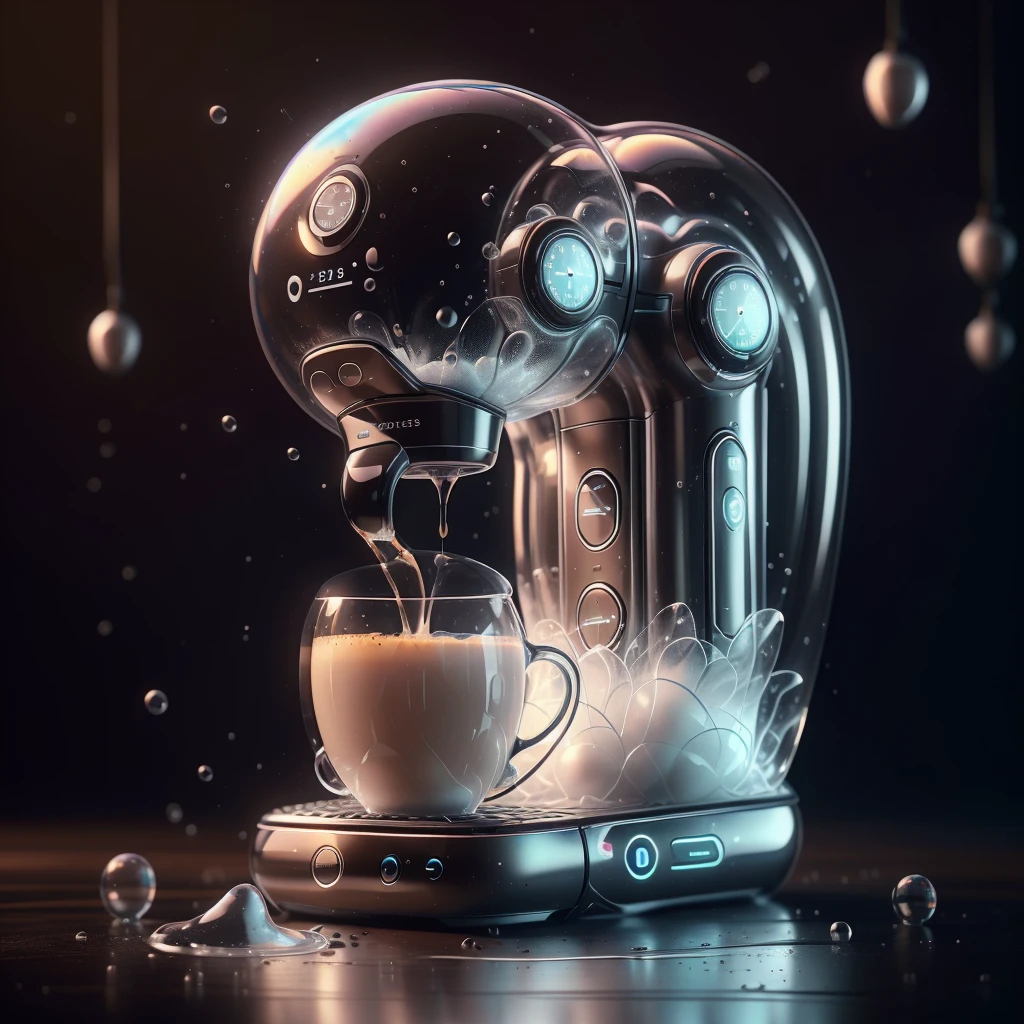 <lora:BubblyTech:0.8>,bubblytech ,scifi, transparent, iridescent , see-through, inflated, 
coffee machine, pouring liquid