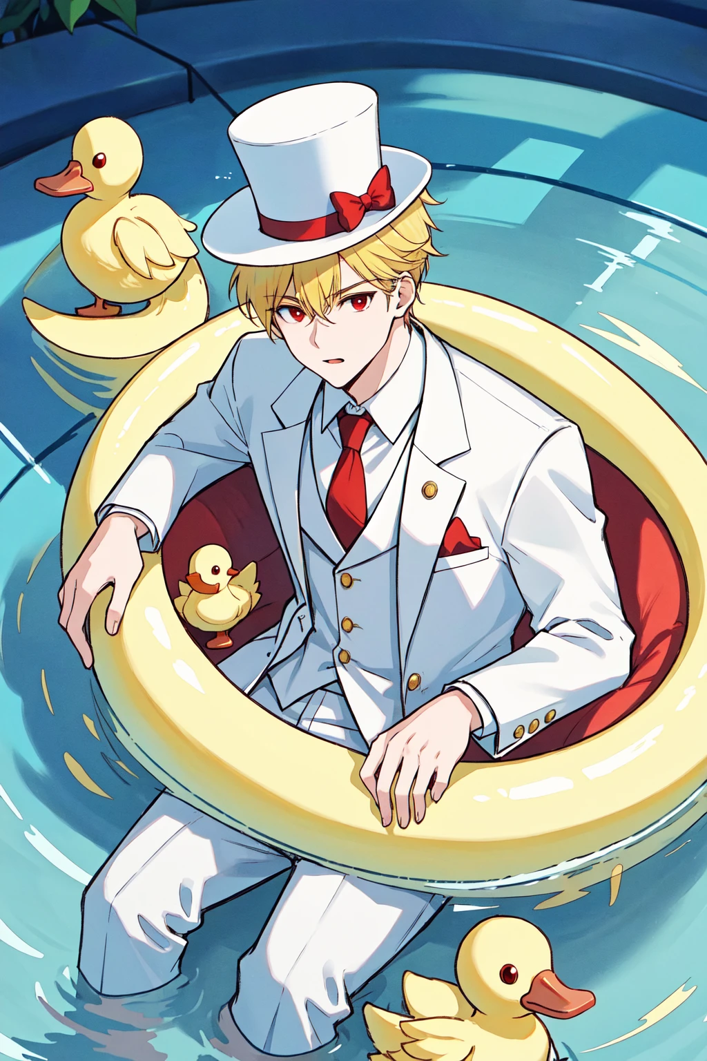 666 yellow rubber ducks in a wading pool, 1boy, male focus, white suit, white shirt, red tie, top hat, blonde hair, red eyes