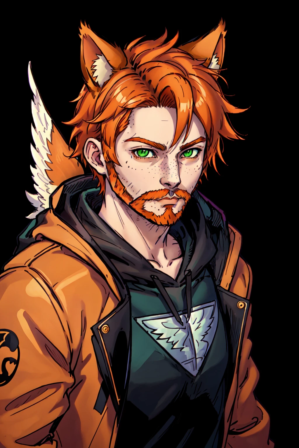 solo, looking at viewer, simple background, 1boy, animal ears, green eyes, jacket, male focus, wings, cat ears, hood, orange hair, hoodie, facial hair, black background, feathered wings, beard, freckles, kemonomimi mode,  masterpiece, official art, best quality, aesthetic