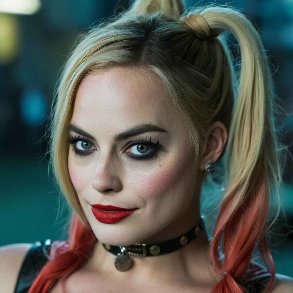 High res closeup portrait photo of an actress dressed as Harley Quinn, f /2.8, Canon, 85mm,cinematic, high quality, skin texture, looking at the camera,   (maxrobbie),  <lora:marobbie_32_small_xl_5_standard_wo_cap-merger-25_41_58_02_05_03-maxrobbie:1.1>