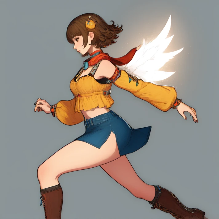 <lora:kisalaRogueGalaxy:0.75> kisala, brown hair, midriff, navel, short hair, spiky hair, brown hair, brown eyes, thin eyebrows, yellow top, crop top, detached sleeves, leather straps, yellow collar, short skirt, light blue skirt, skirt slits, scarf around hips, asymmetrical legwear, light brown socks, ankle boots, brown shoes, hair decorations, silver hair ornaments, jewelry, running, motion lines, from side, solo, absurdres, [perfect shadows and lighting], detailed background, incredible high-key lighting, masterpiece, high quality, detailed, extremely detailed, ambient soft lighting, 4K
