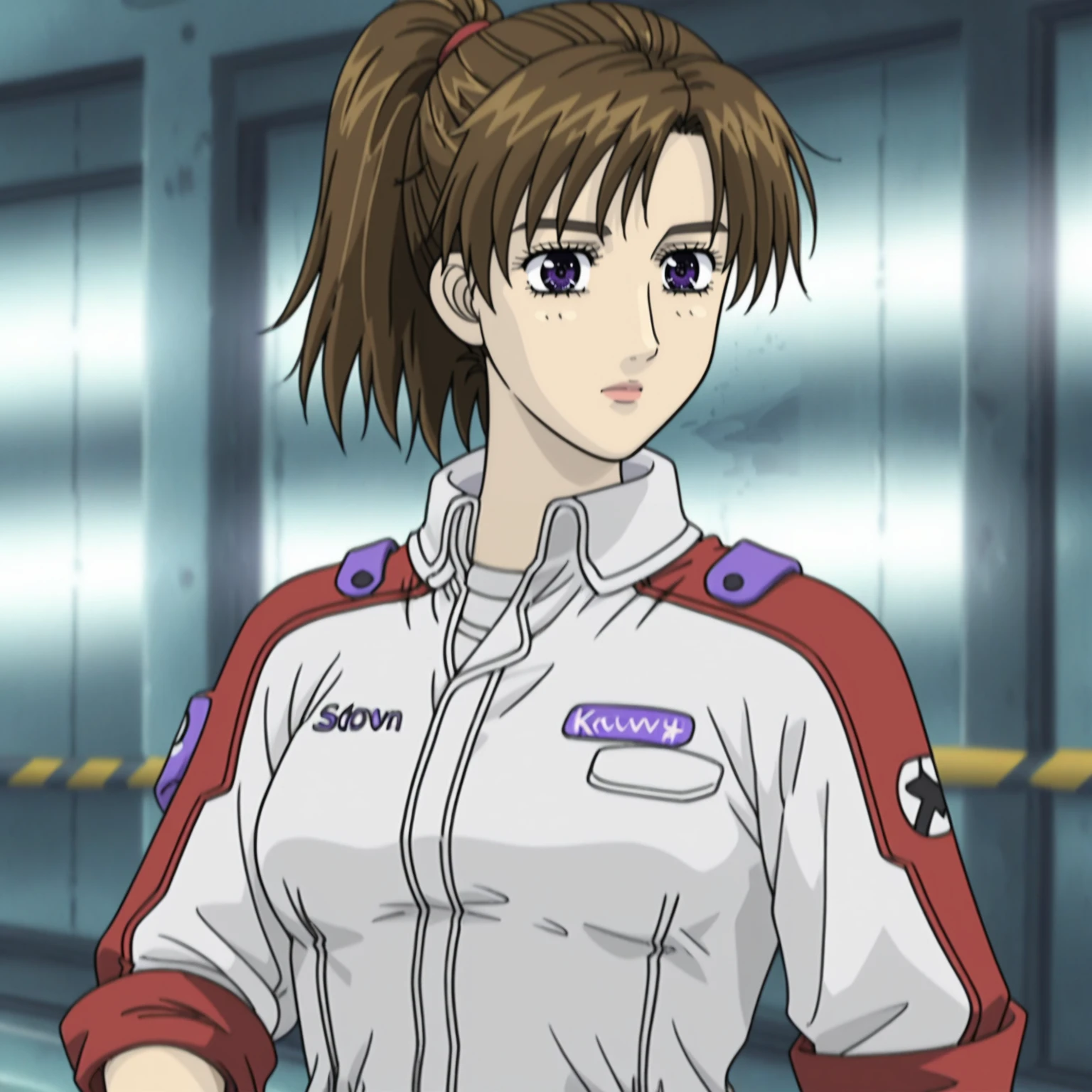 <lora:KyokoIwaseXLpony001>,
solo,
KyokoIwase,1girl,brown hair,medium hair,ponytail,purple eyes,
medium breasts,
jumpsuit,white clothes,red sleeve,sleeves rolled up,