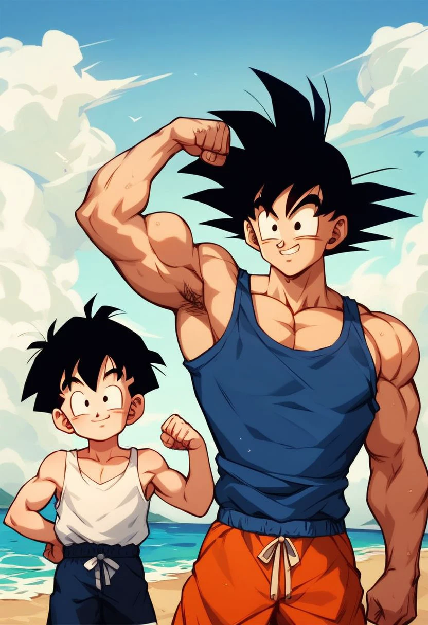 ASCIIscore_9, score_8_up, score_7_up ,score_6_up, draw 2boys at the beach, training, male focus, Goku, perfect face:02, big smile, black hair, spiky hair, flexing, Gohan, perfect face:02, big smile, black hair, happy, black eyes, detailed, in focus face, masterpiece, father and son, age difference, size difference, tank top, swim trunks, looking at viewer