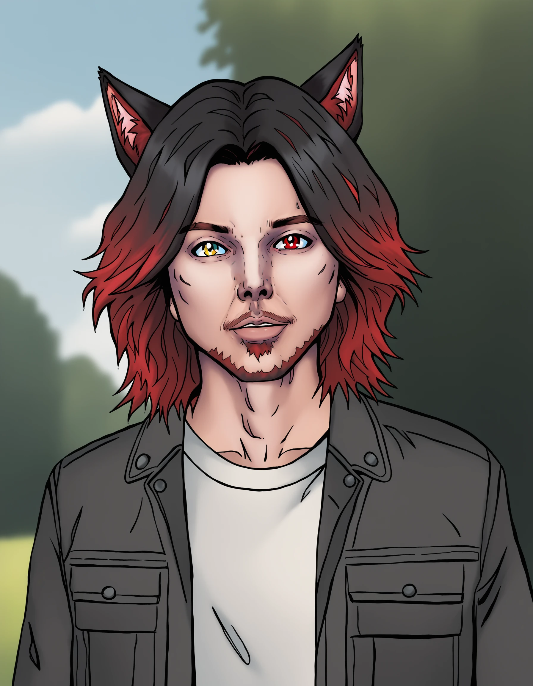 heterochromia, animal ears, solo, 1boy, male focus, red hair, multicolored hair, cat ears, looking at viewer, jacket, shirt, gradient hair, yellow eyes, red eyes, black hair, two-tone hair, facial hair, medium hair, depth of field, outdoors, cinematic angle, flat color,  DskfllPosPNYXL