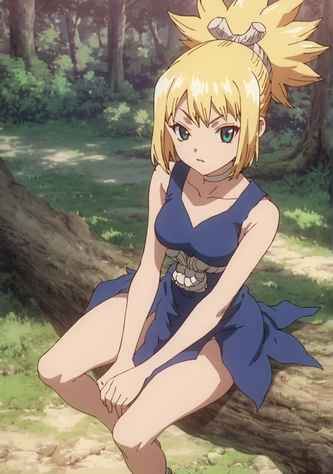 score_8_up, score_7_up, anime screenshot, looking at viewer, cowboy shot,
<lora:Kohaku (Autism Mix XL):0.8> 1girl, kohaku \(dr. stone\), blonde hair, ponytail, choker, green blue eyes, kohakudress, blue dress,
BREAK
sitting, sitting on branch, tree, from above