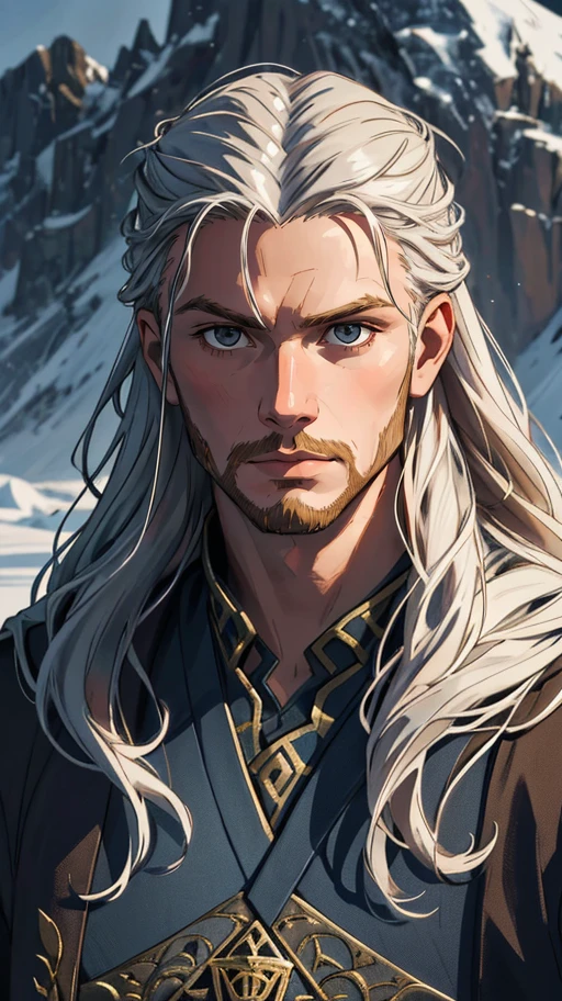 (best quality, masterpiece, highres:1.2), a portrait of a fierce Viking man, embodying bravery and resilience in a rugged landscape, (intricate details)