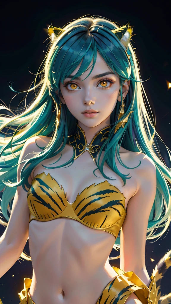 (best quality, masterpiece, colorful, dynamic angle, realistic)\Lum\, upper body photo, fashion photography of cute, intense long green hair, orange eyes, tiger print, strapless bikini, yellow boots, yellow little horns, small horns, \Lum\, <lora:lum4:0.6> (ultrahigh resolution textures), in dynamic pose, bokeh, (intricate details, hyperdetailed:1.15), moonlight passing through hair, perfect night, (fantasy background), (official art, extreme detailed, highest detailed), HDR+